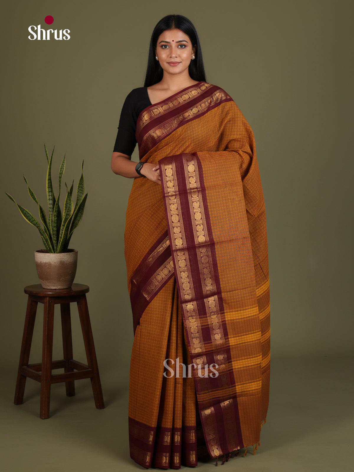 Elegant Mustard Chettinad Cotton Saree With Checks & Maroon Rettapet Zari Border