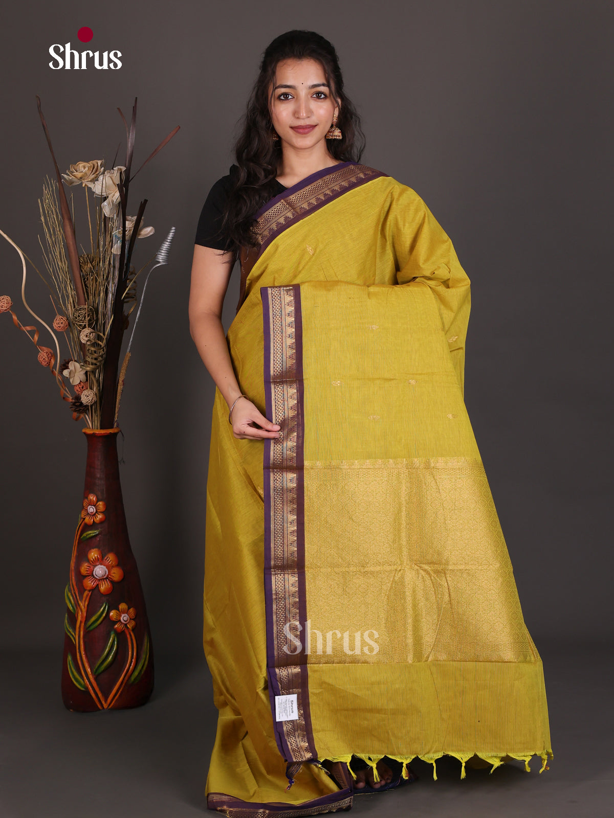 Elegant Mustard Chettinad Cotton Saree With Small Buttas & Purple Temple Zari Border