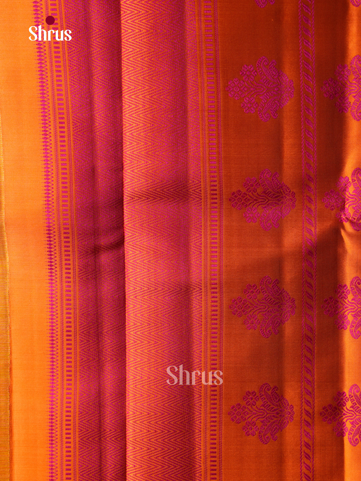 Elegant Mustard Kanchipuram Pattu Saree With Leaf Thread Jaal Design | Orange Border With Pink Chevron Pattern
