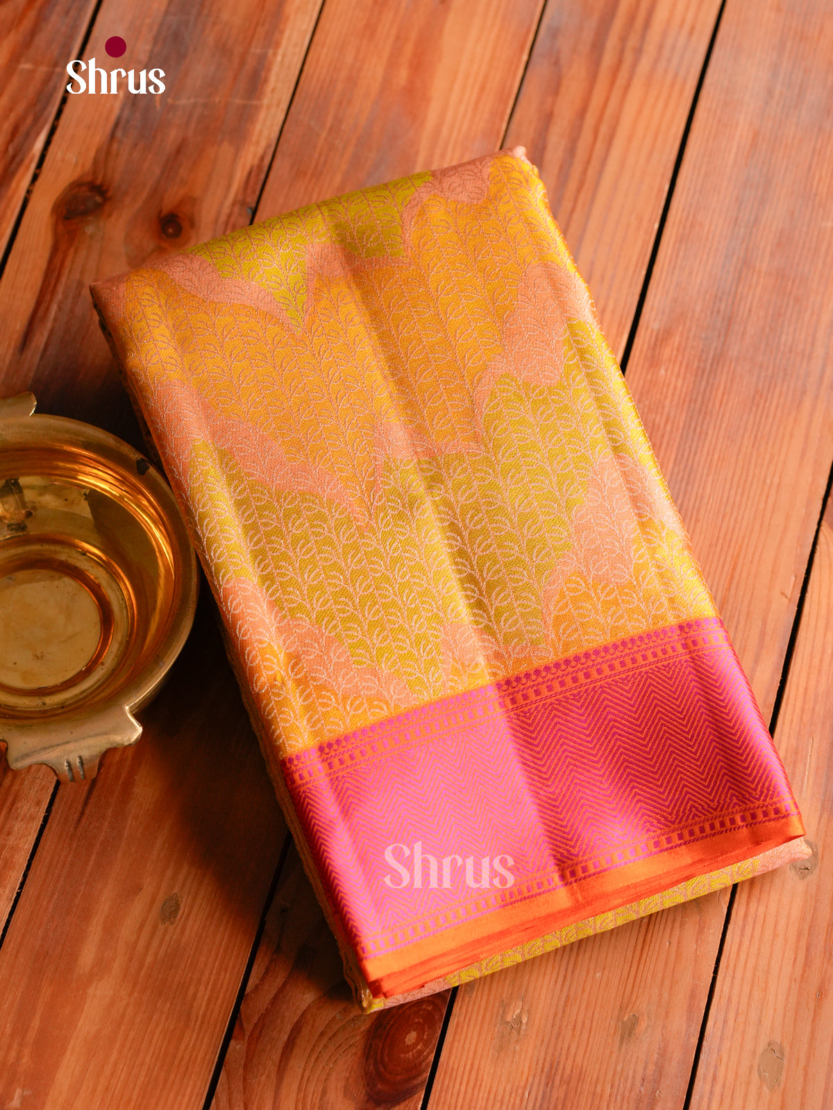 Elegant Mustard Kanchipuram Saree With Leaf Thread Jaal Design | Orange Border With Pink Chevron Pattern