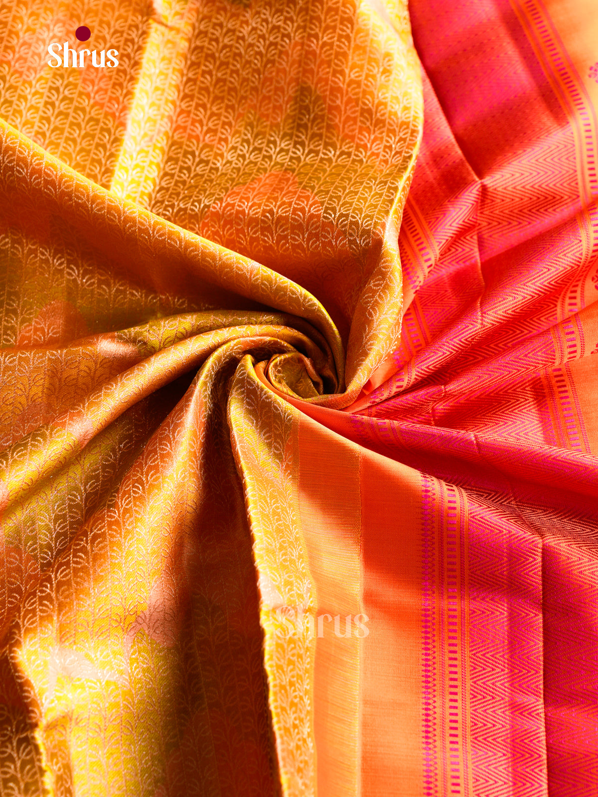 Elegant Mustard Silk Saree With Leaf Thread Jaal Design | Orange Border With Pink Chevron Pattern