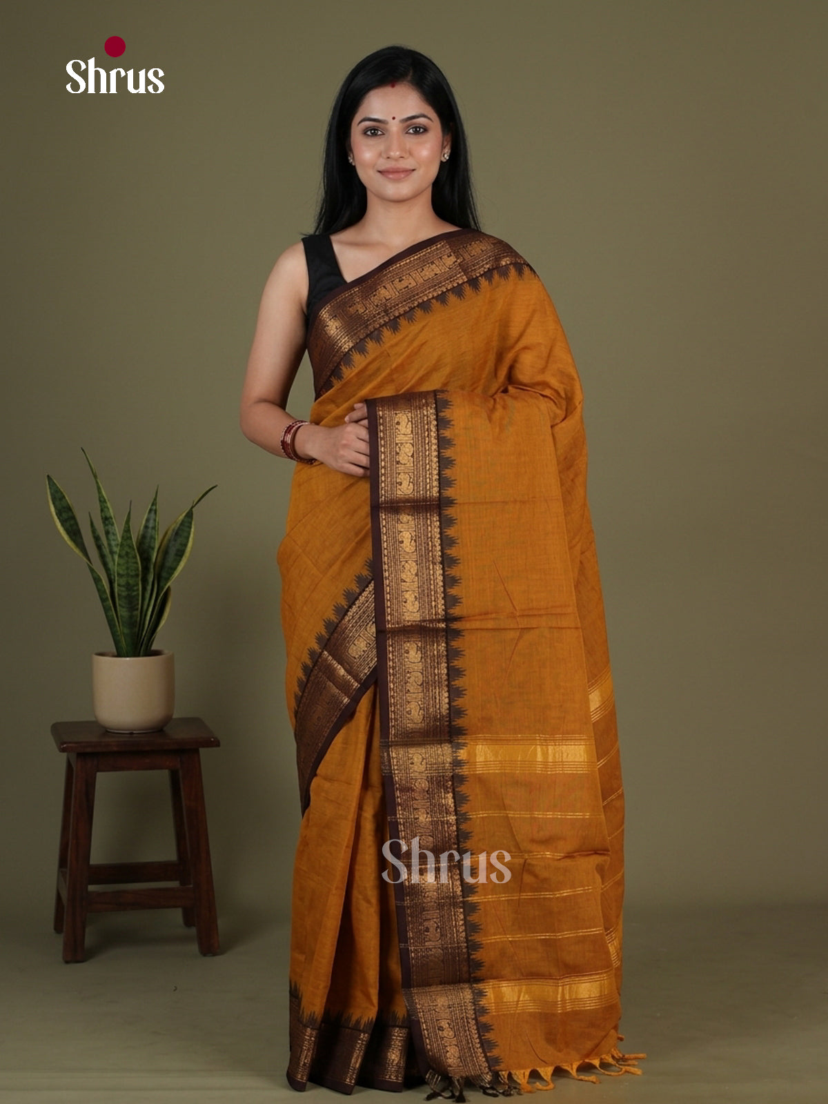 Elegant Mustard Yellow Chettinad Cotton Saree With Solid Body & Dark Brown Temple Zari Border