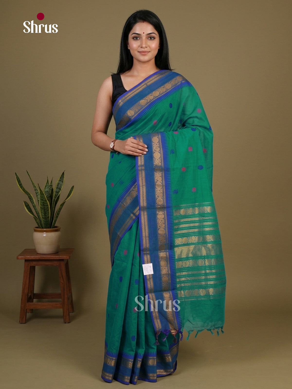 Green Chettinad Cotton Saree With Thread Buttas & Blue Rettapet Temple Zari Border - Shop on Shrus.com