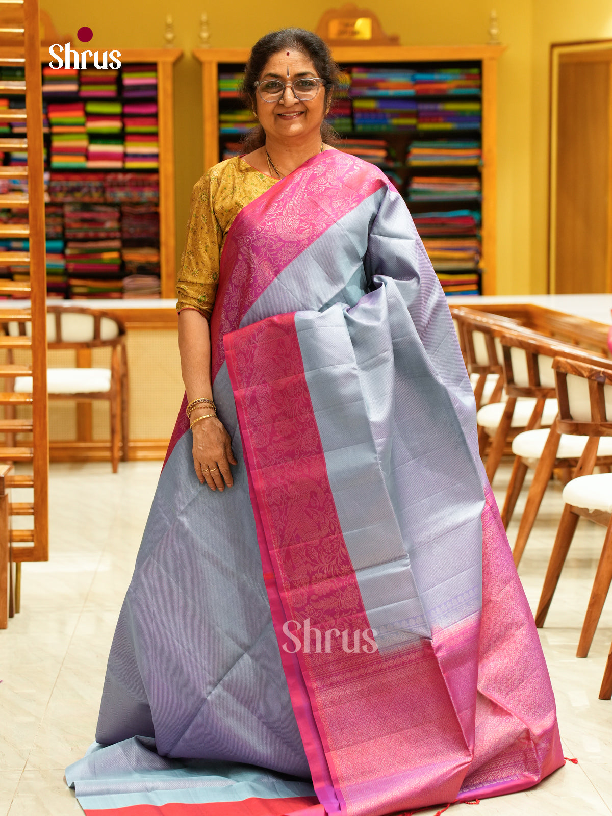 Elegant Steel Blue Soft Silk Saree with Stripes | Pink Contrast Border