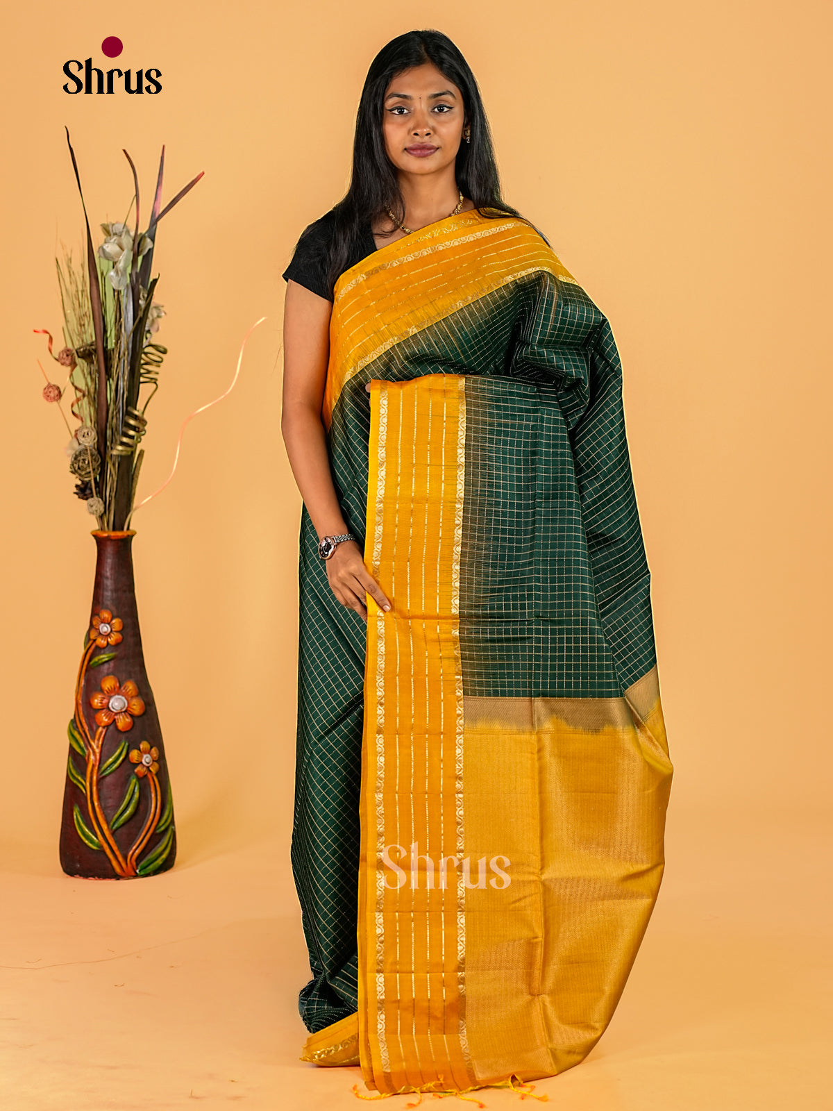 Emerald Green Soft Silk Sarees With Golden Checks, Mustard Zari Striped Border & Brocade Pallu
