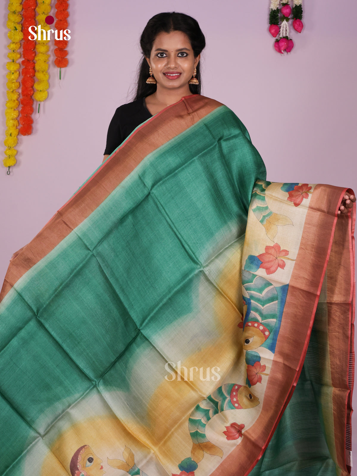 Artistic Emerald Green Tussar Silk Saree With Handpainted Traditional Figurines & Fish Motifs