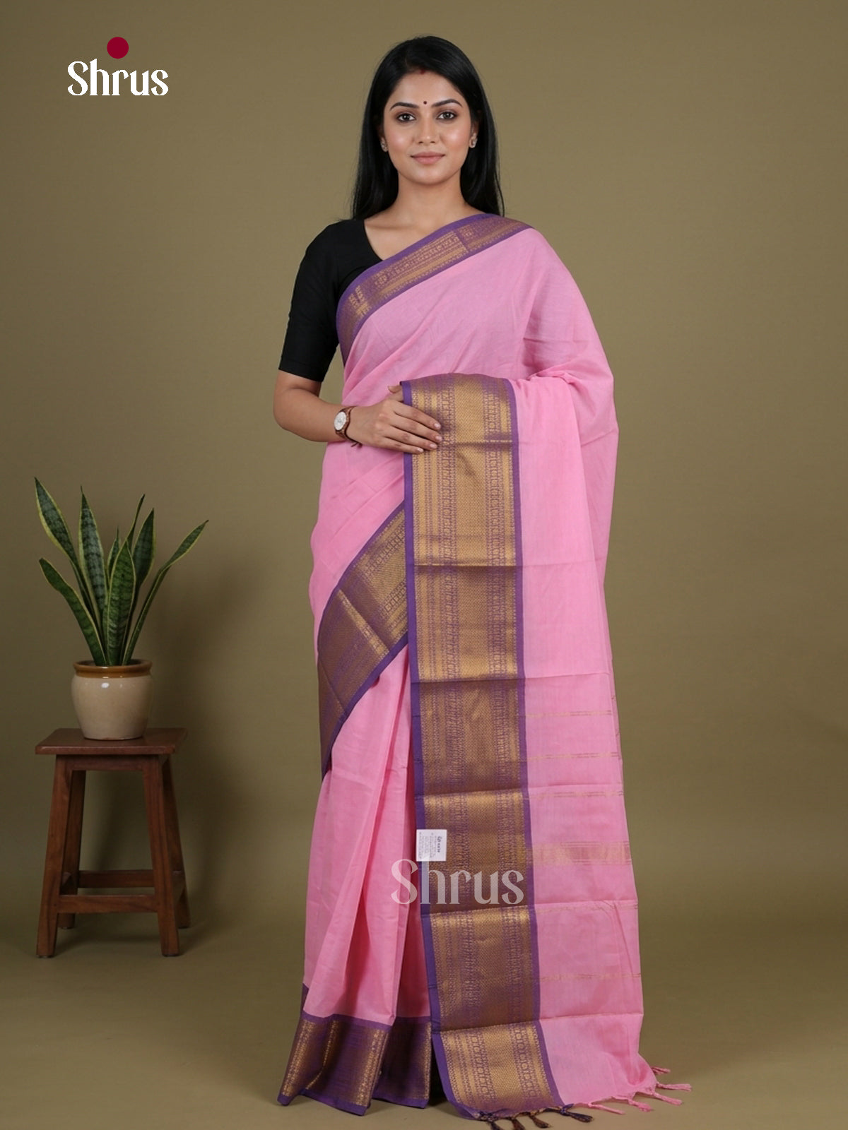 Enchanting Baby Pink Chettinad Cotton Saree With Violet Zari Border & Chit Pallu