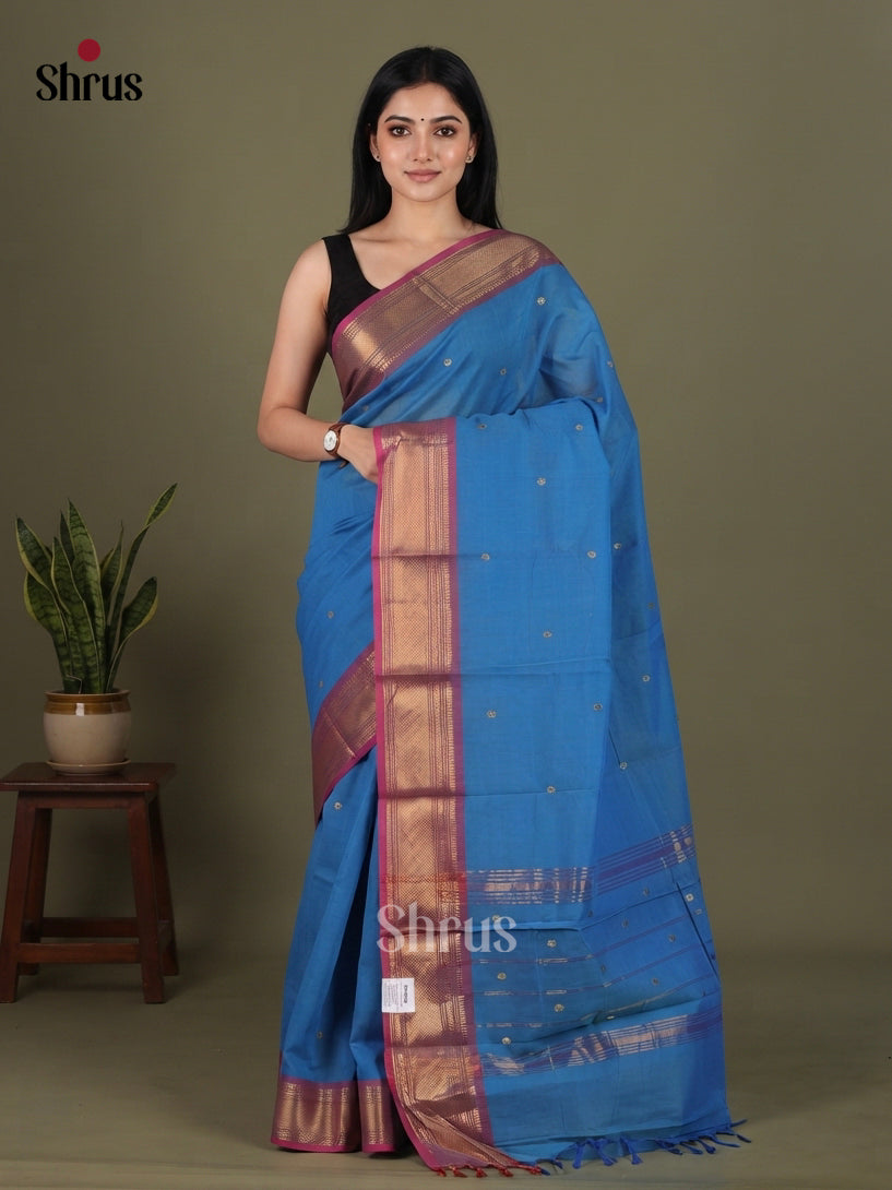 Enchanting Blue Chettinad Cotton Saree With Small Buttas, Pink Zari Border & Chit Pallu