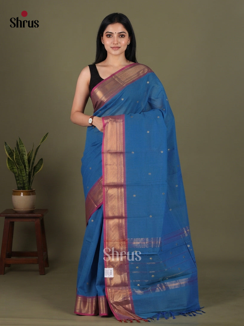 Chettinad Cotton Saree With Small Buttas, Pink Zari Border & Chit Pallu - Shop on Shrus.com