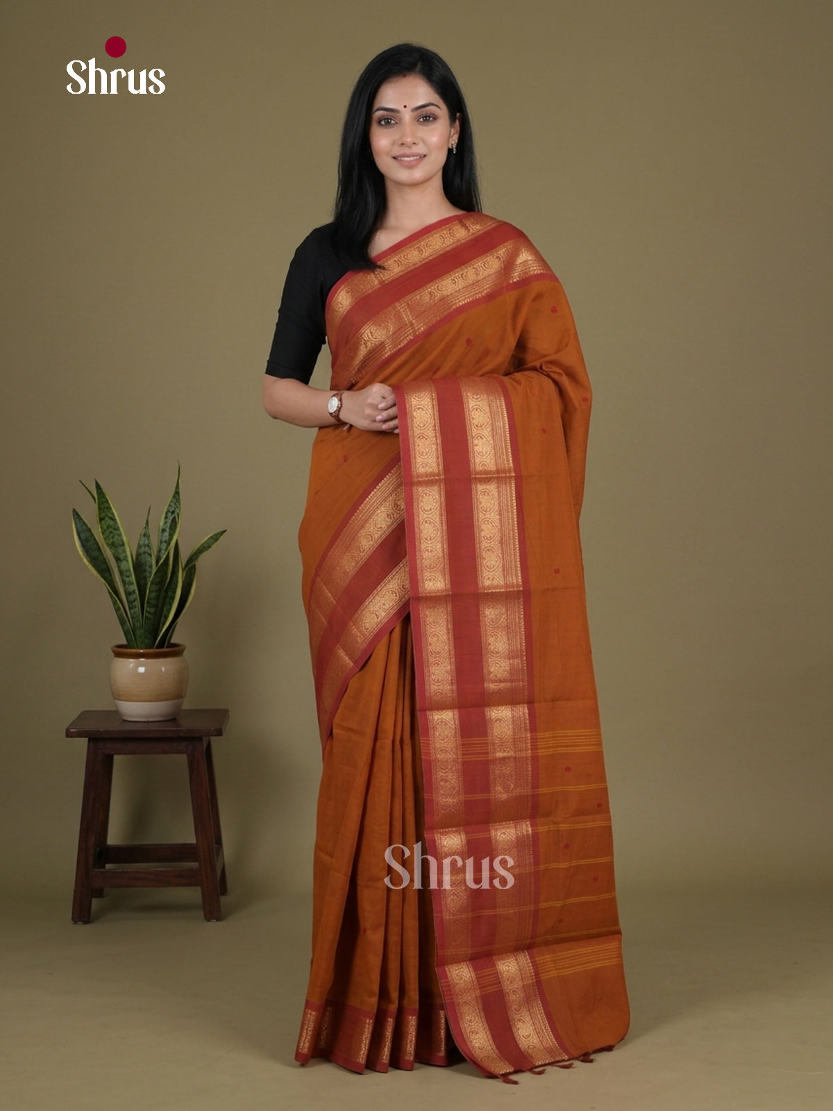 Enchanting Mustard Chettinad Cotton Saree With Buttas & Red Rettapet Zari Border