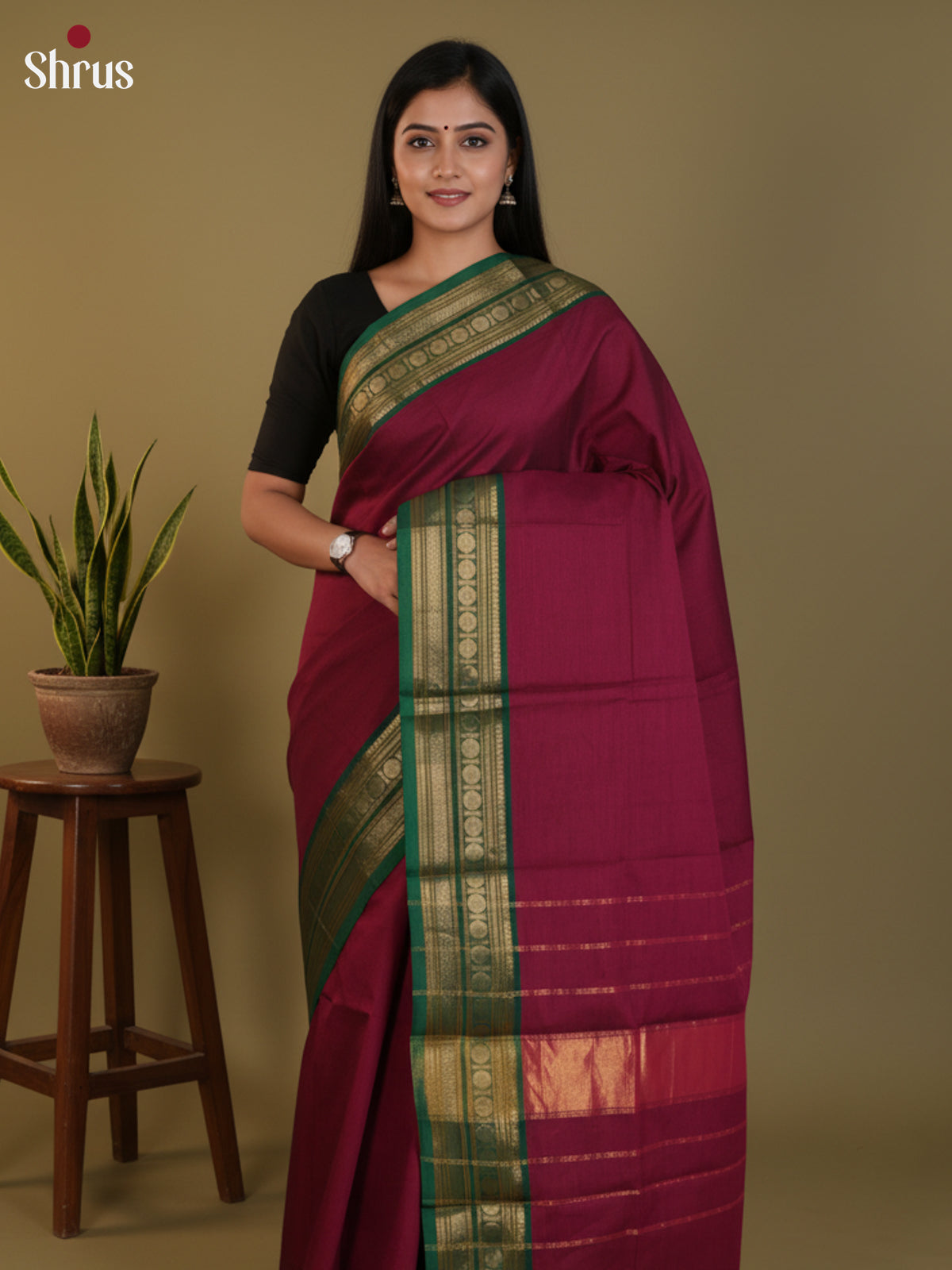 Enchanting Purple Chettinad Cotton Sarees With Plain Body & Green Zari Woven Border