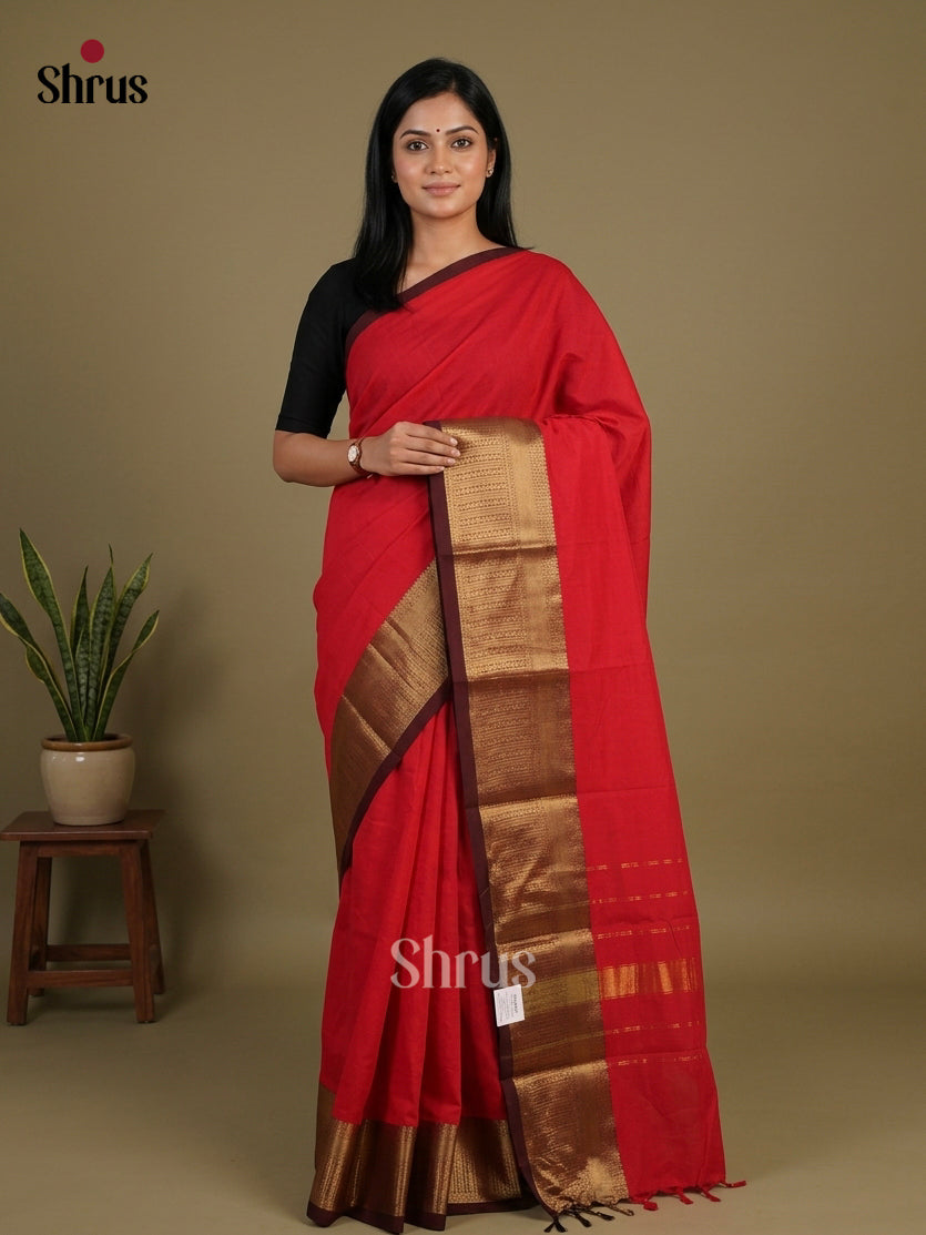Enchanting Red Chettinad Cotton Saree With Plain Body & Brown Zari Border