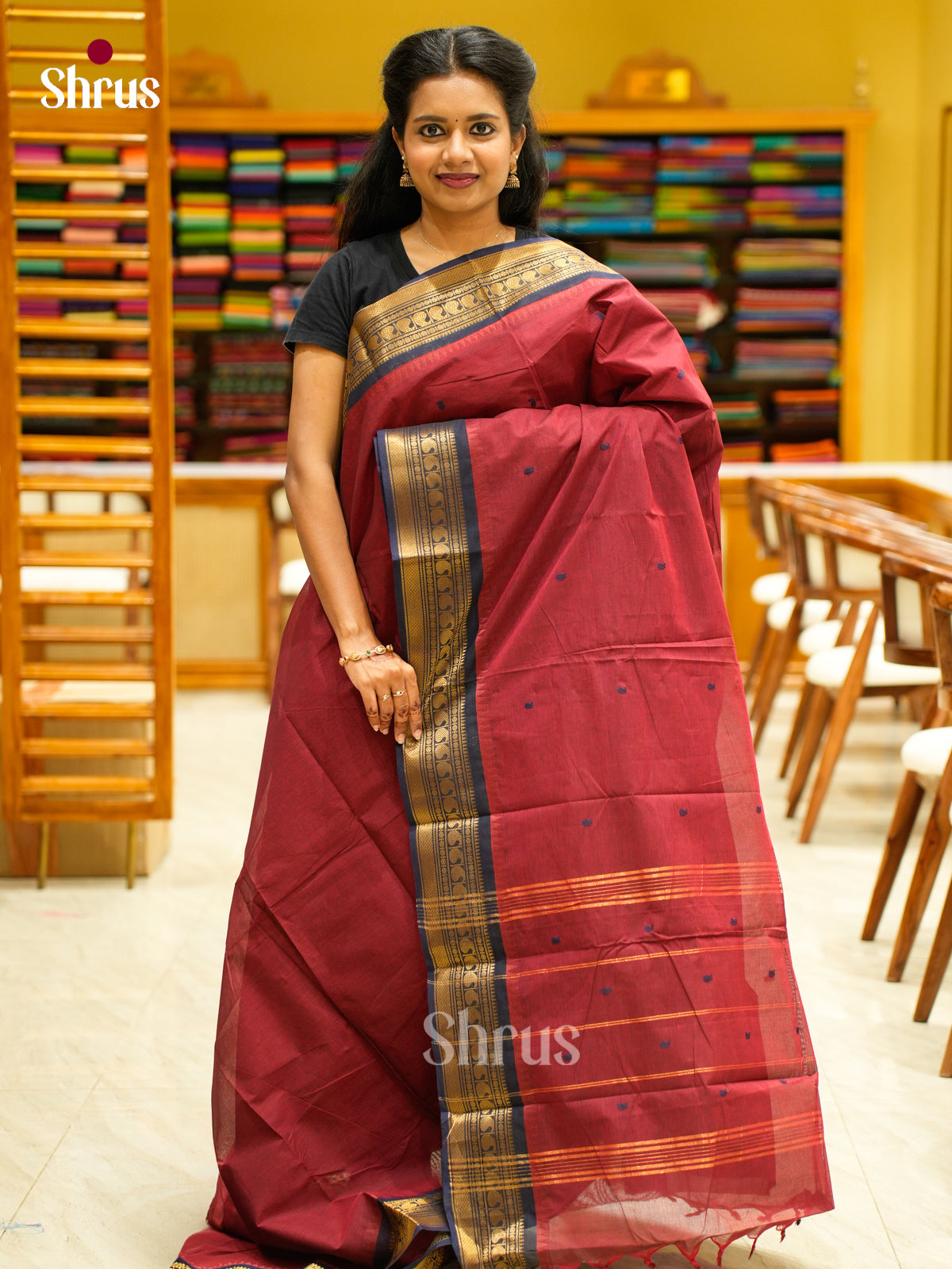 Enchanting Red Chettinad Cotton Saree With Thread Buttas & Black Zari Border