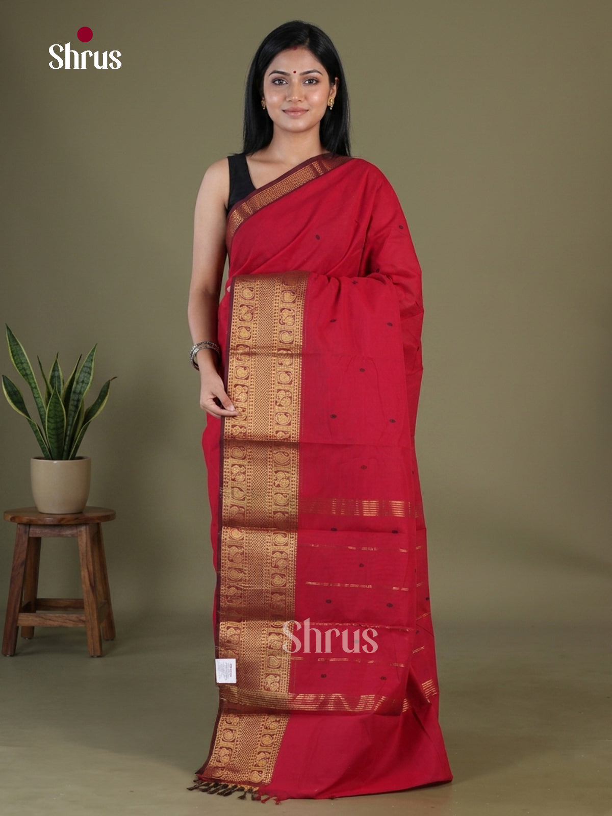 Enchanting Red Chettinad Cotton Saree With Thread Buttas & Brown Zari Border