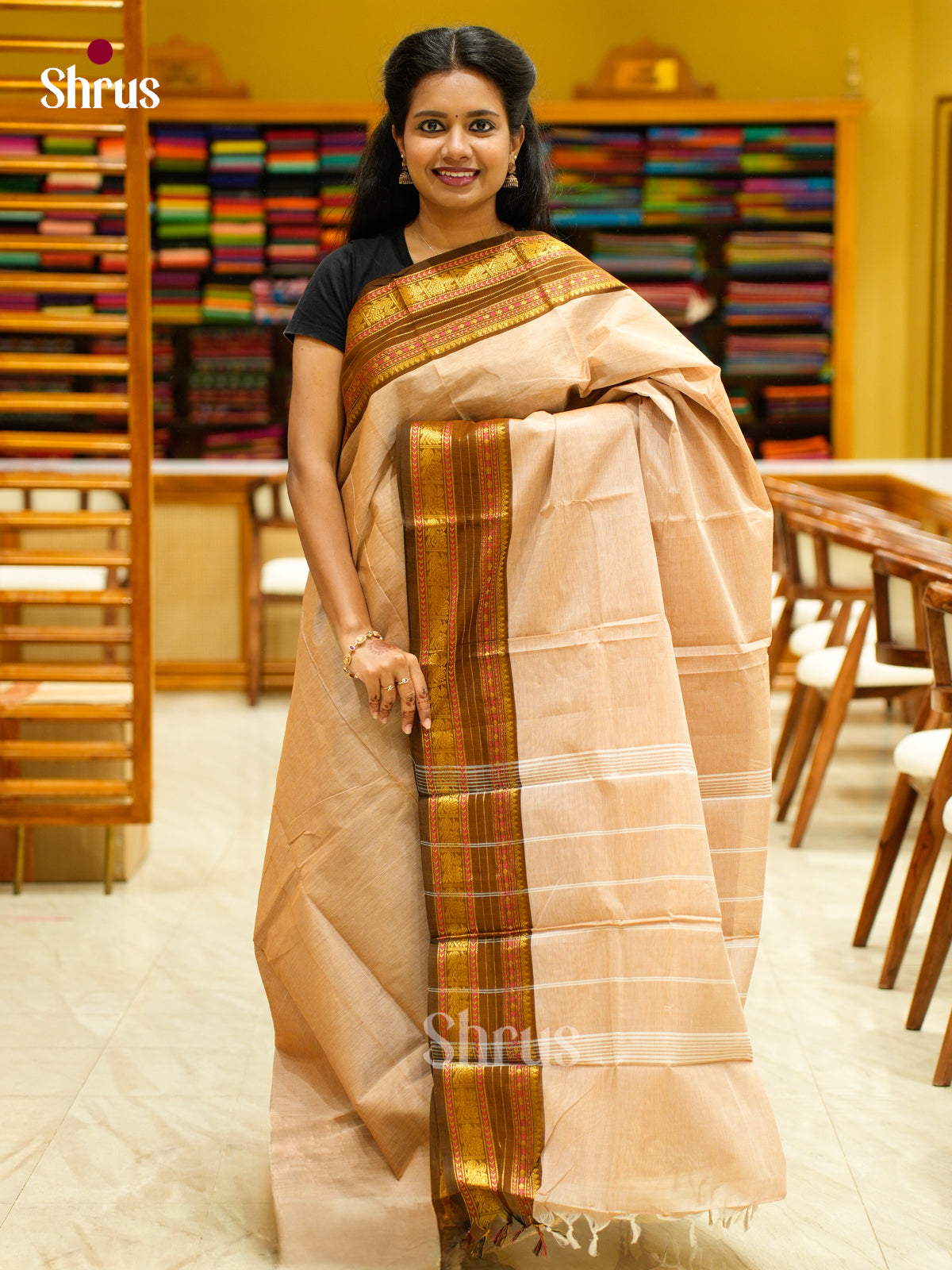 Ethereal Cream Chettinad Cotton Saree With Plain Body & Brown Rettapet Zari Border