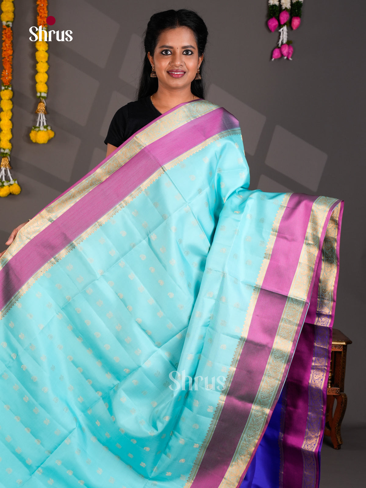 Buy Ethreal Sky Blue Pure Soft Silk Saree with Gold Buttas & Purple Rettaipet Zari Border
