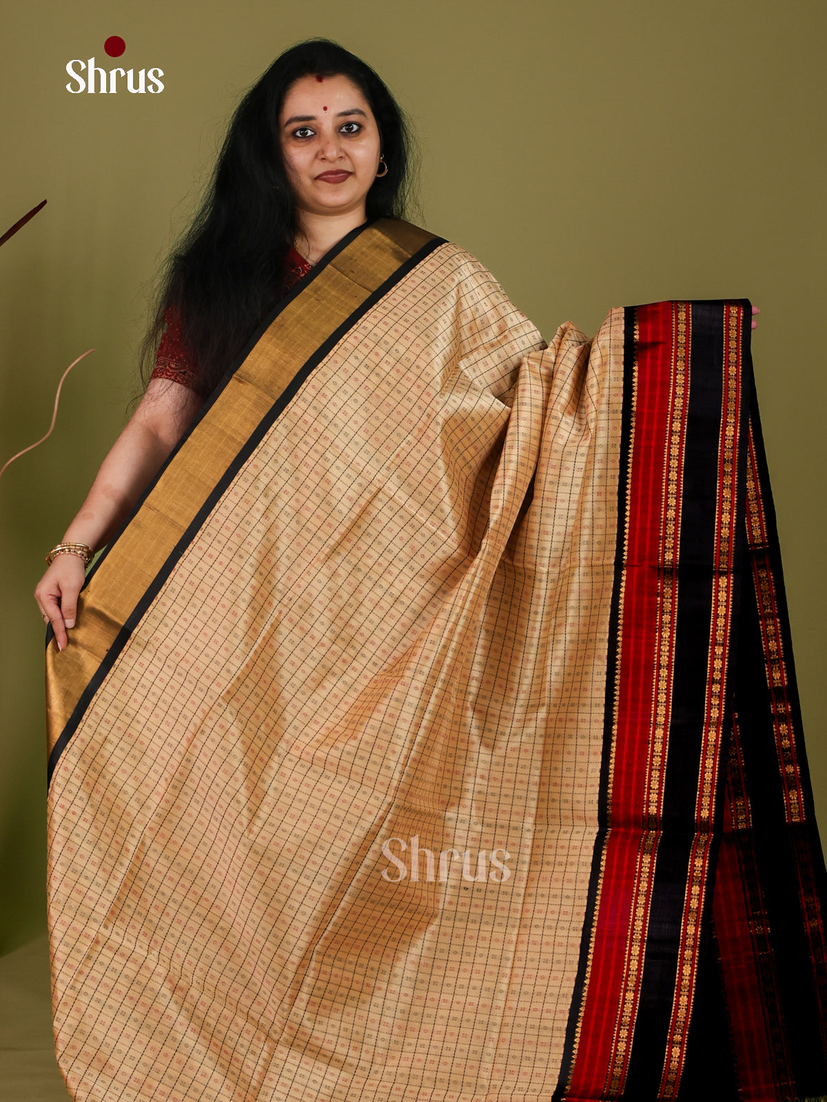Exquisite Beige Cotton Silk Saree With Fine Checks, Dots & Zari Border With Black & Red Bands 1