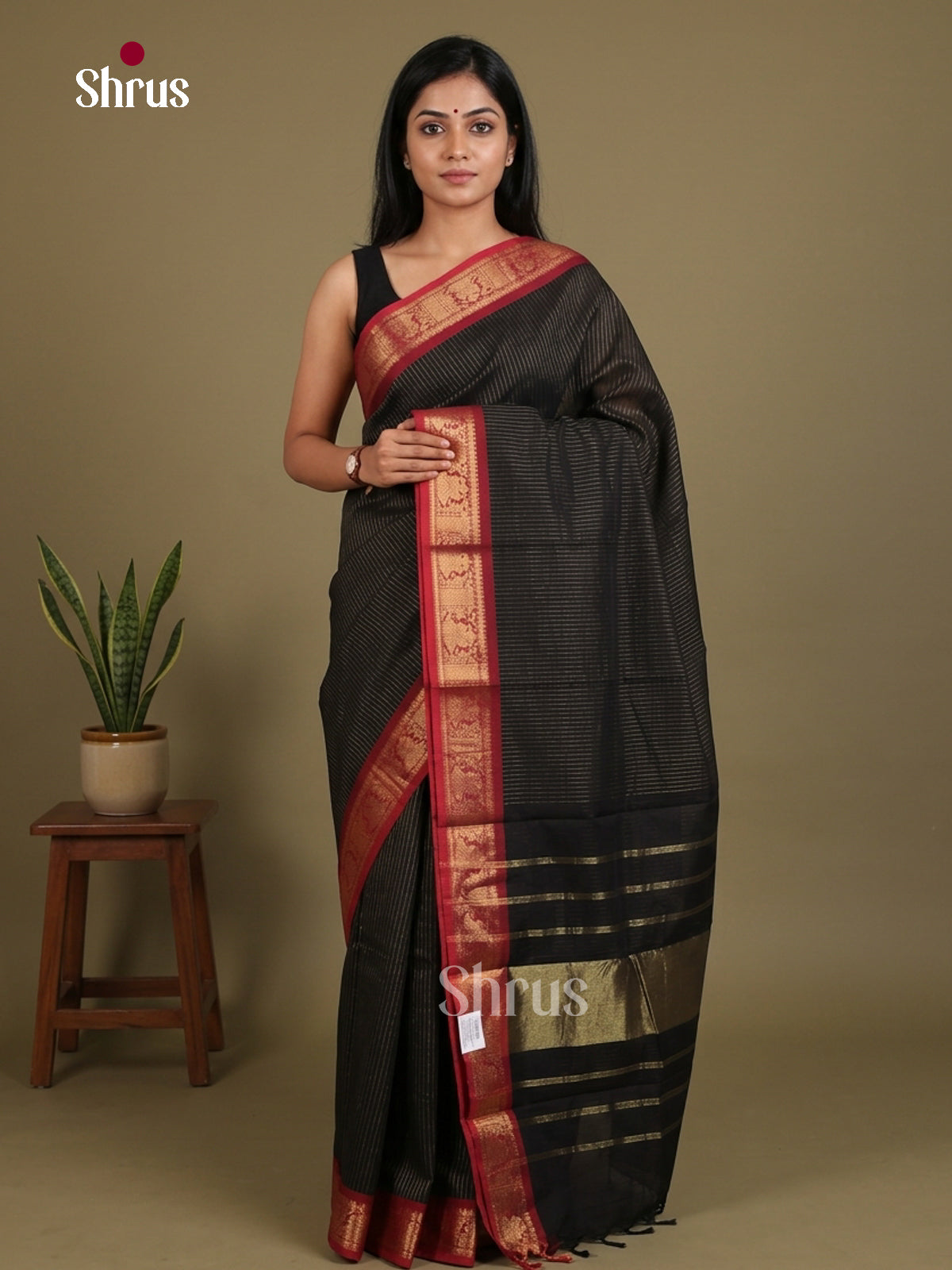 Exquisite Black Chettinad Cotton Saree With Gold Stripes & Maroon Zari Woven Border