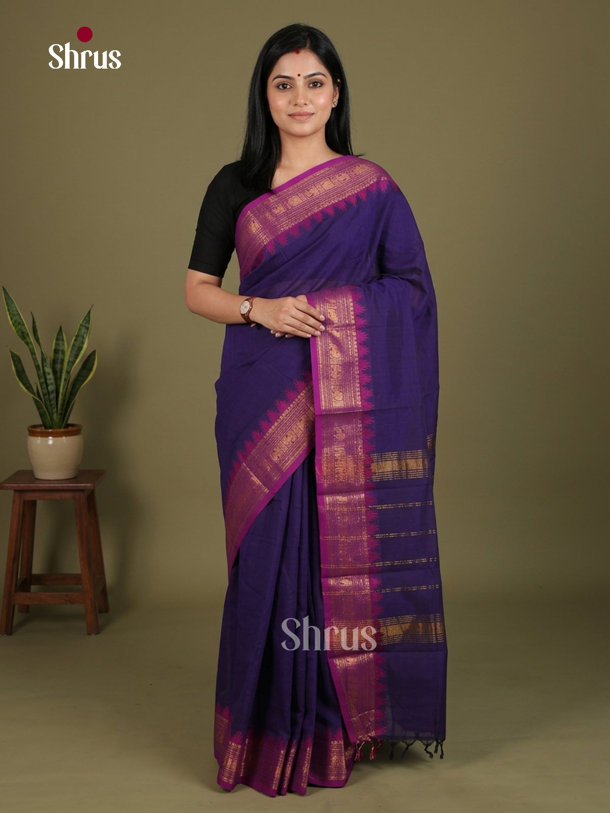 Exquisite Dark Blue Chettinad Cotton Saree With Purple Temple Zari Border & Traditional Pallu