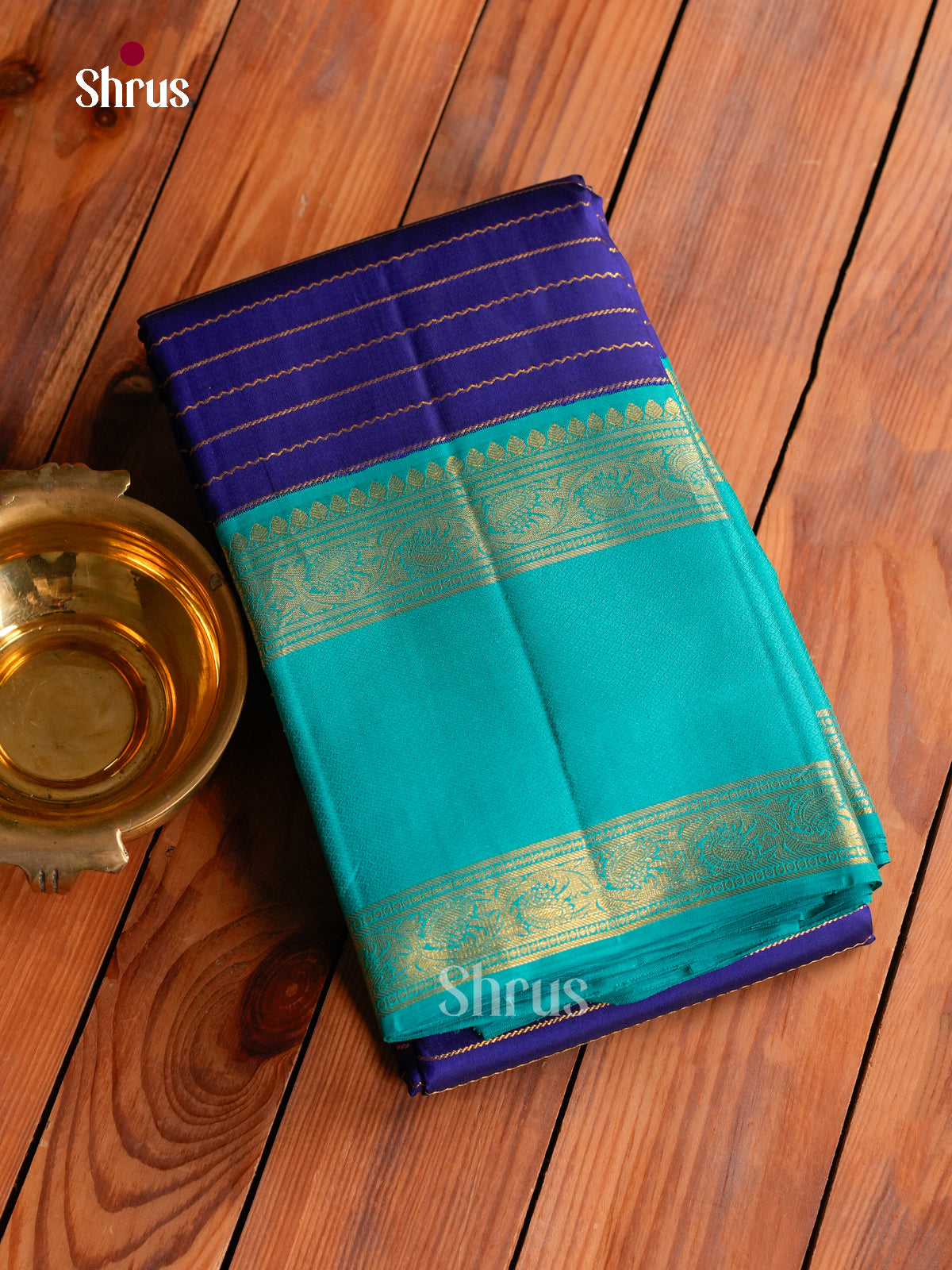 Exquisite Dark Blue Kanchipuram Silk Saree With Wavy Zari Stripes | Turquoise Rettapet Zari Border