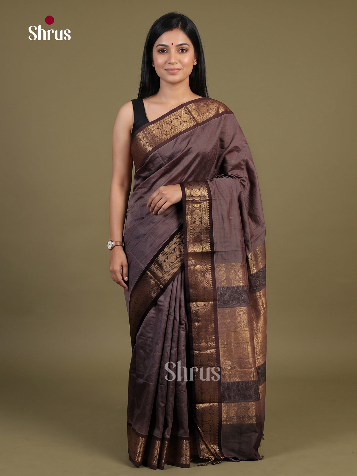 Exquisite Dark Mauve Chettinad Cotton Saree With Plain Body & Dark Brown Zari Border