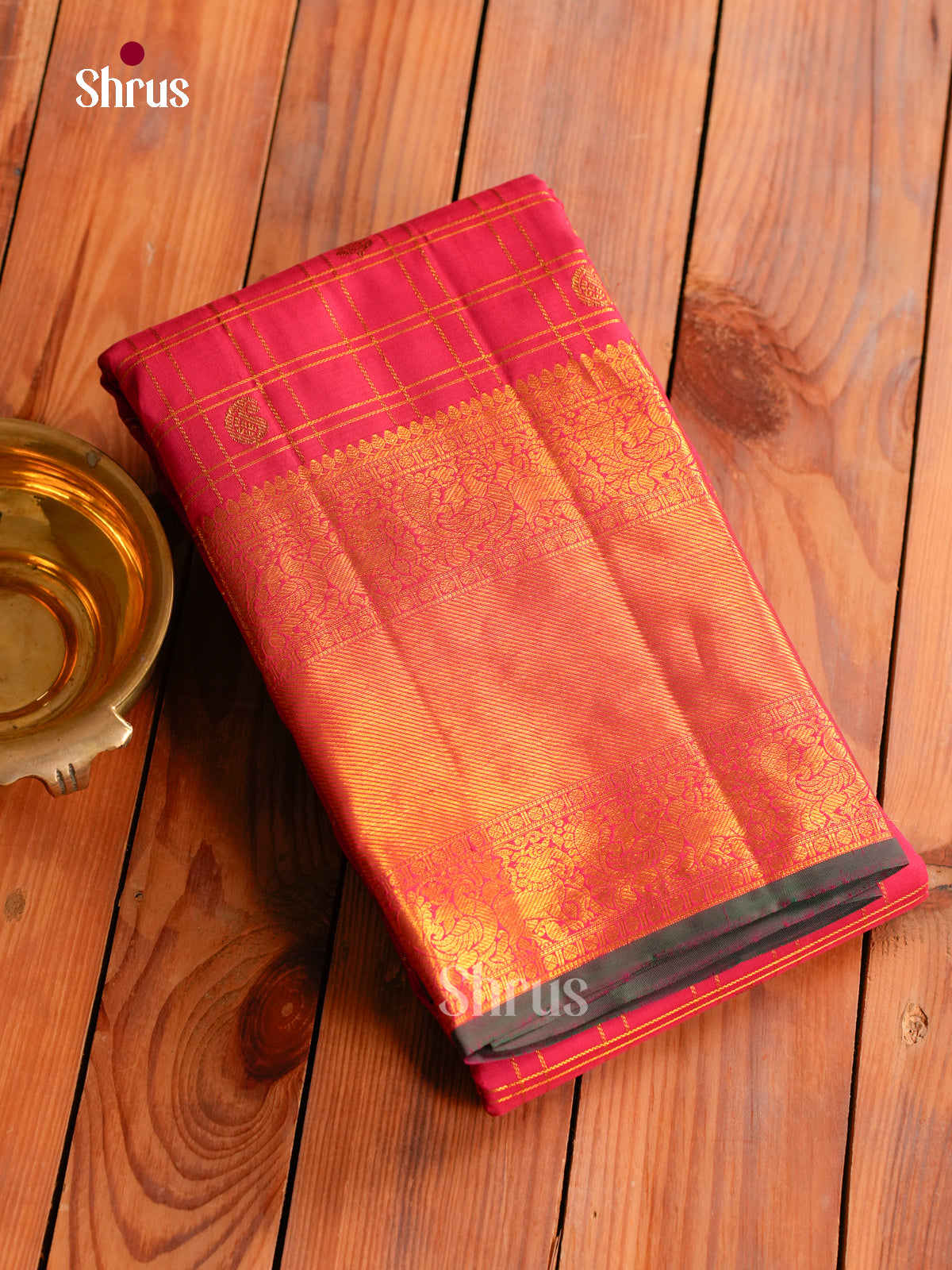 Exquisite Dark Pink Kanchipuram Saree With Gold Grid Checks, Manga Buttas & Self Broad Zari Border