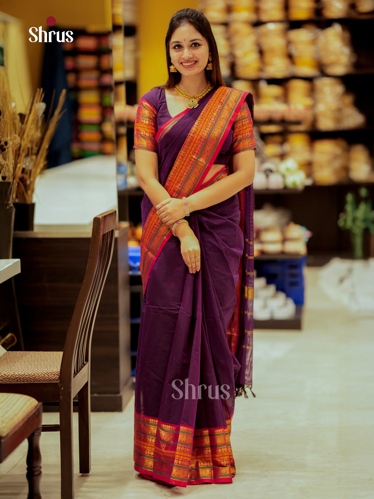 Exquisite Dark Purple Chettinad Cotton Saree With Red Zari Border & Striped Pallu