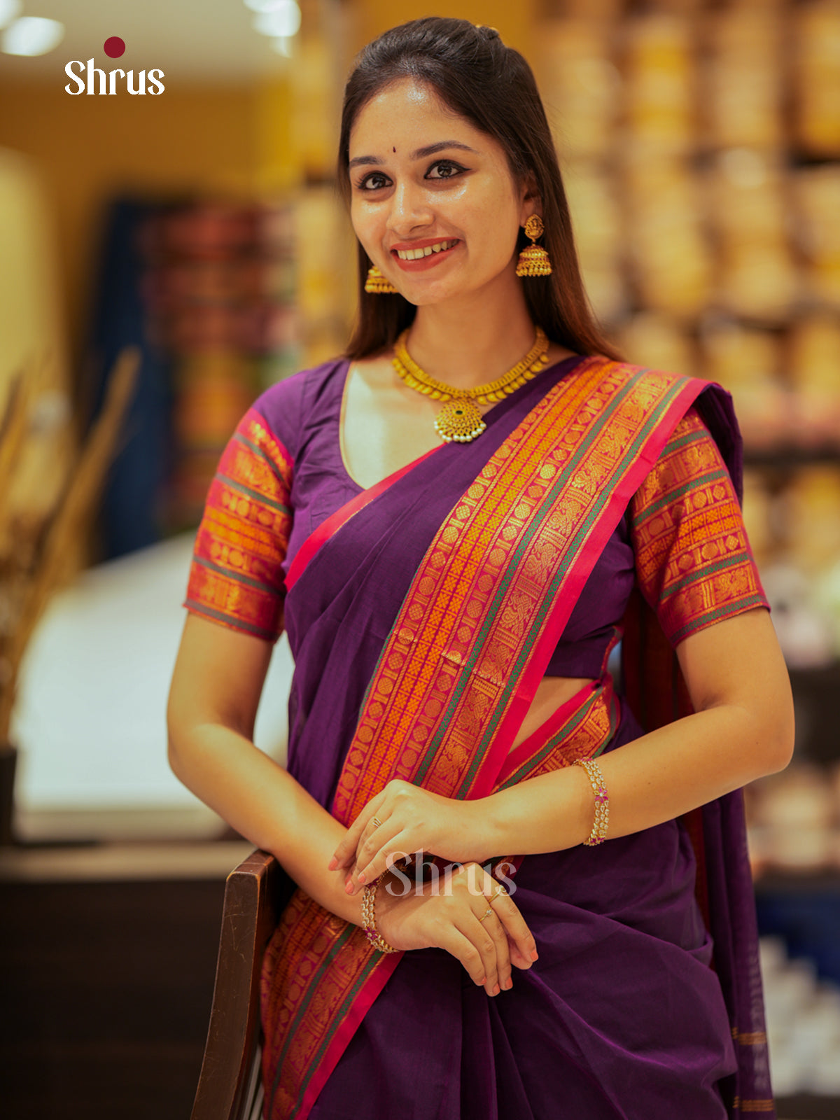 Exquisite Dark Purple Chettinad Cotton Sarees With Red Zari Border & Striped Pallu