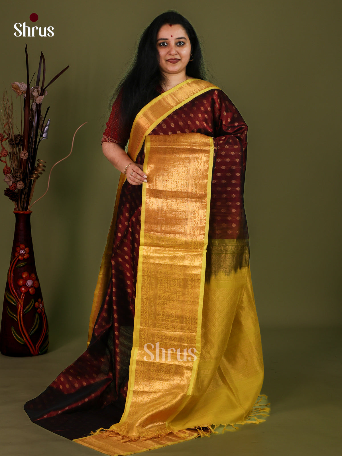 Exquisite Deep Maroon Cotton Silk Saree With Gold Teardrop Buttas, Yellow Broad Zari Border & Brocade Pallu