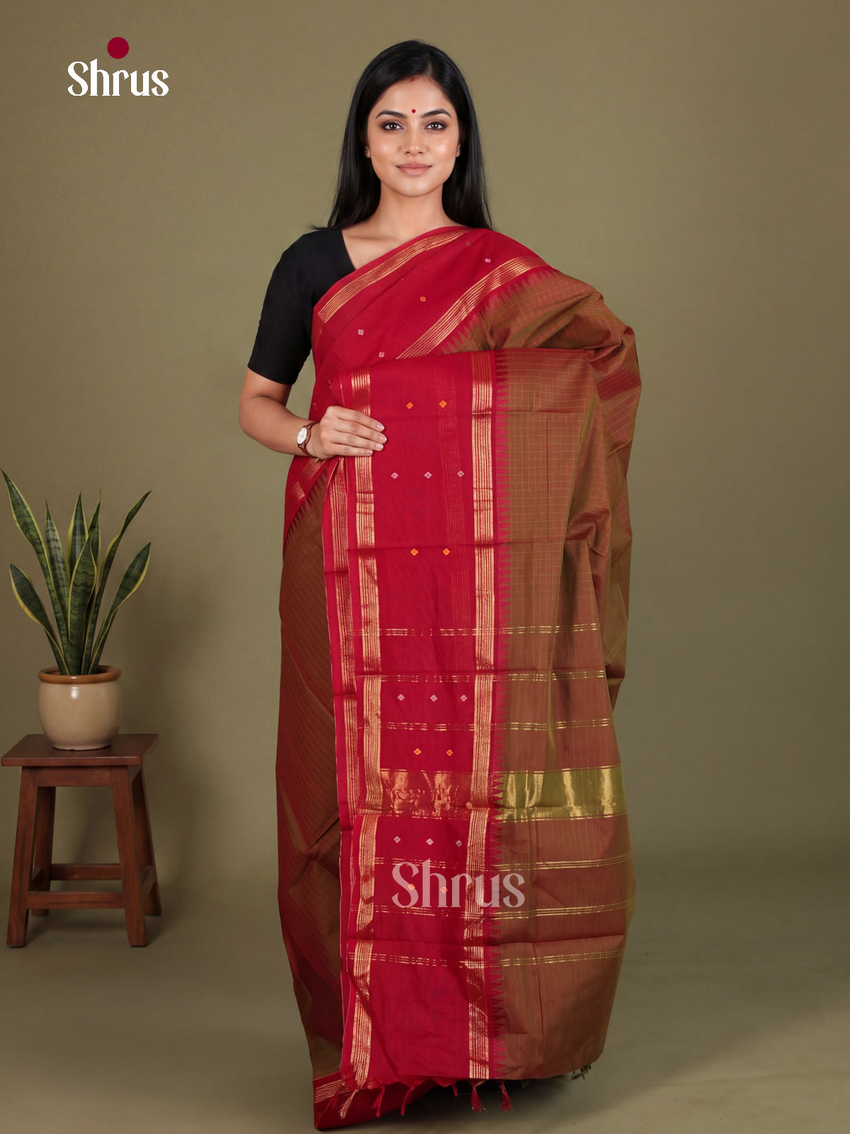 Exquisite Dual Tone Brown Grey Chettinad Cotton Saree With Checks & Red Rettapet Zari Border