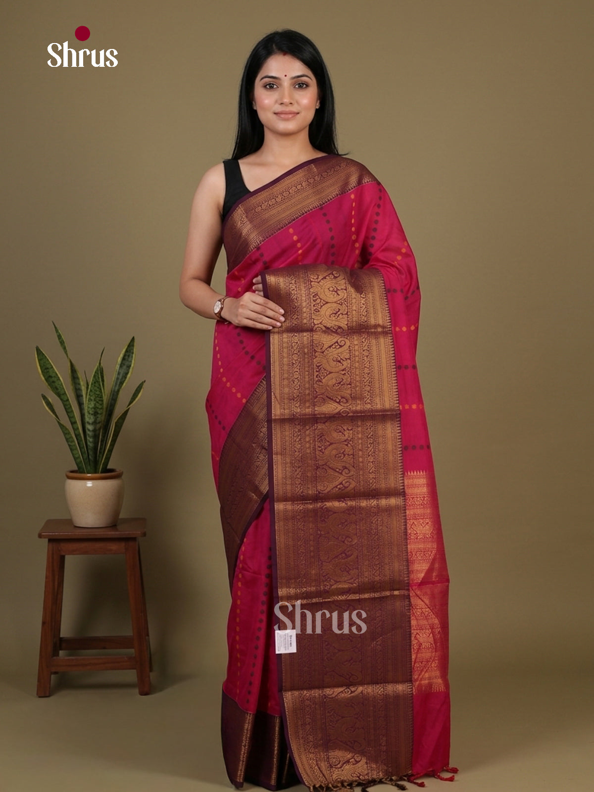 Exquisite Magenta Chettinad Cotton Saree With Circular Buttas & Deep Wine Broad Border