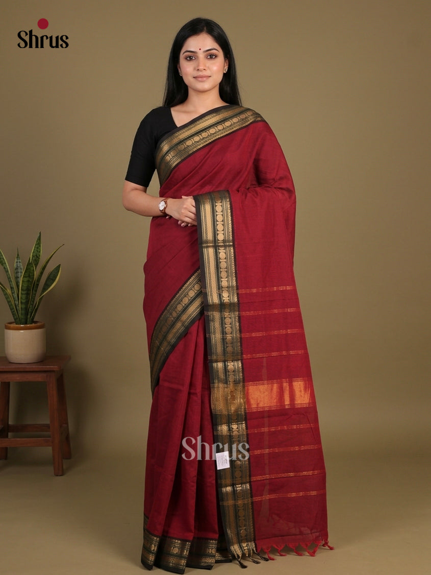 Exquisite Maroon Chettinad Cotton Saree With Plain Body & Black Border With Zari Bands
