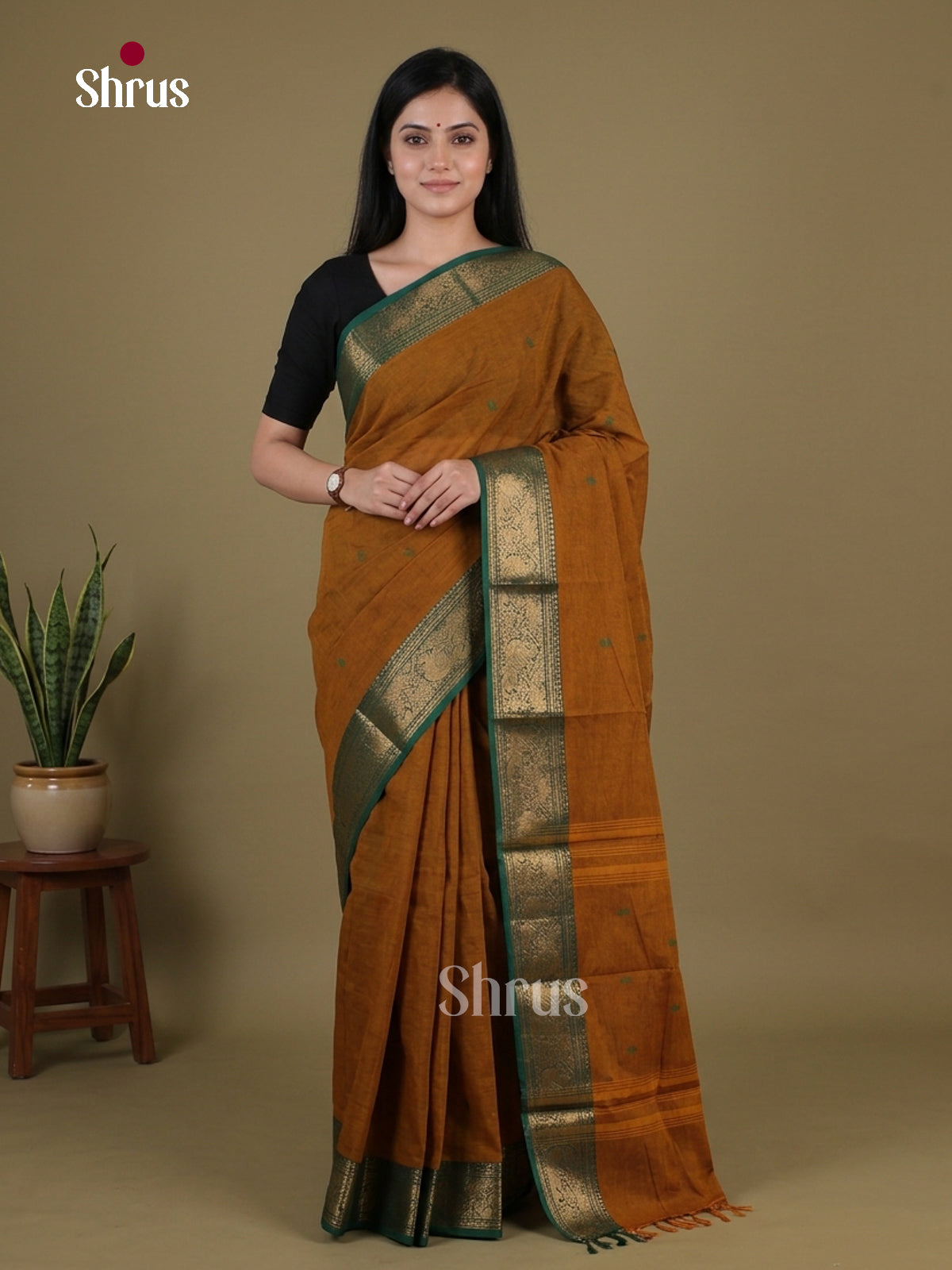 Exquisite Mustard Brown Chettinad Cotton Saree With Thread Buttas & Green Zari Border