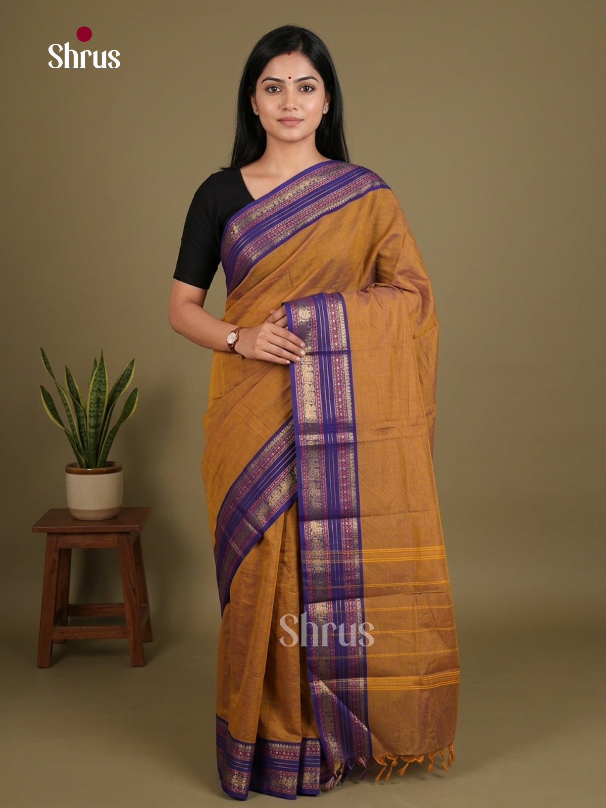 Exquisite Mustard Chettinad Cotton Saree With Plain Body & Royal Rettapet Zari Border