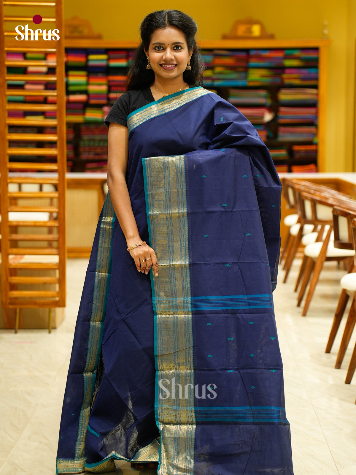 Exquisite Navy Blue Chettinad Cotton Saree With Thread Buttas & Blue Zari Border