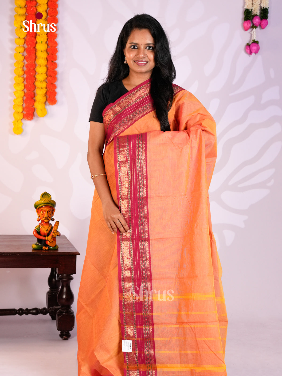 Exquisite Orange Chettinad Cotton Saree With Magenta Border With Zari Woven Lines