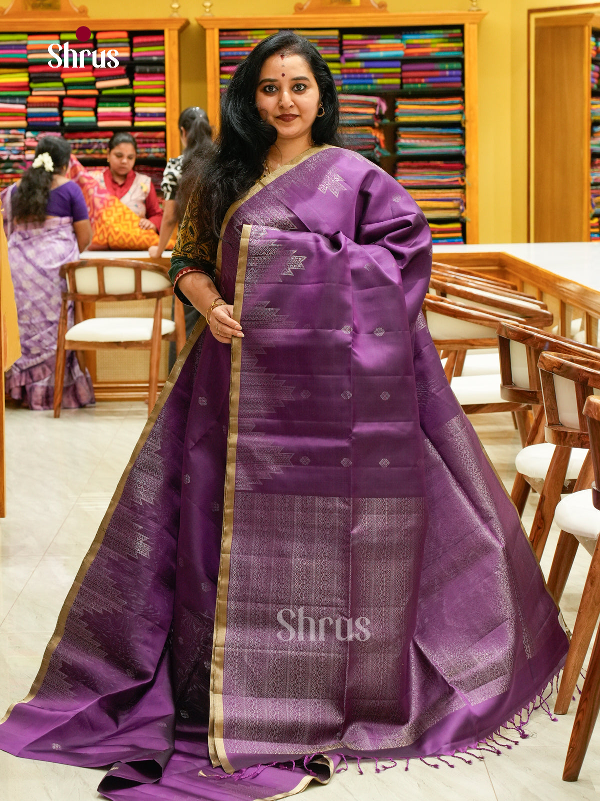 Exquisite Purple Soft Silk Saree with Silver Buttas, Temple Border & Brocade Pallu