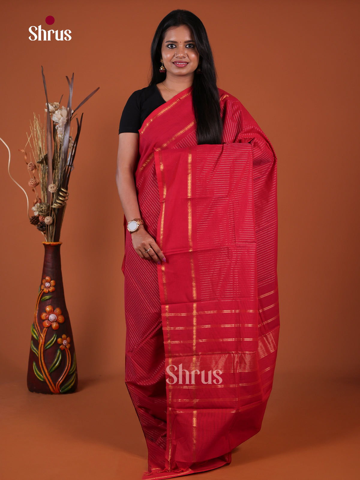 Exquisite Red Chettinad Cotton Saree With Gold Stripes, Rettapet Zari Border & Traditional Pallu