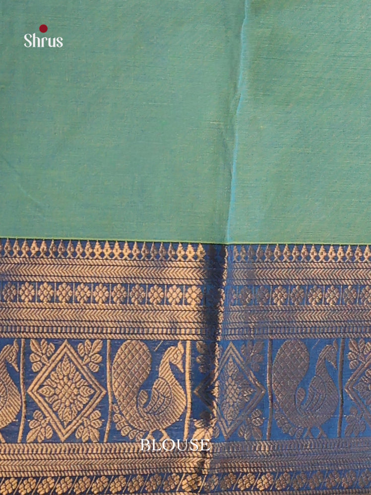 Exquisite Sea Green Chettinad Saree With Golden Stripes & Blue Zari Border
