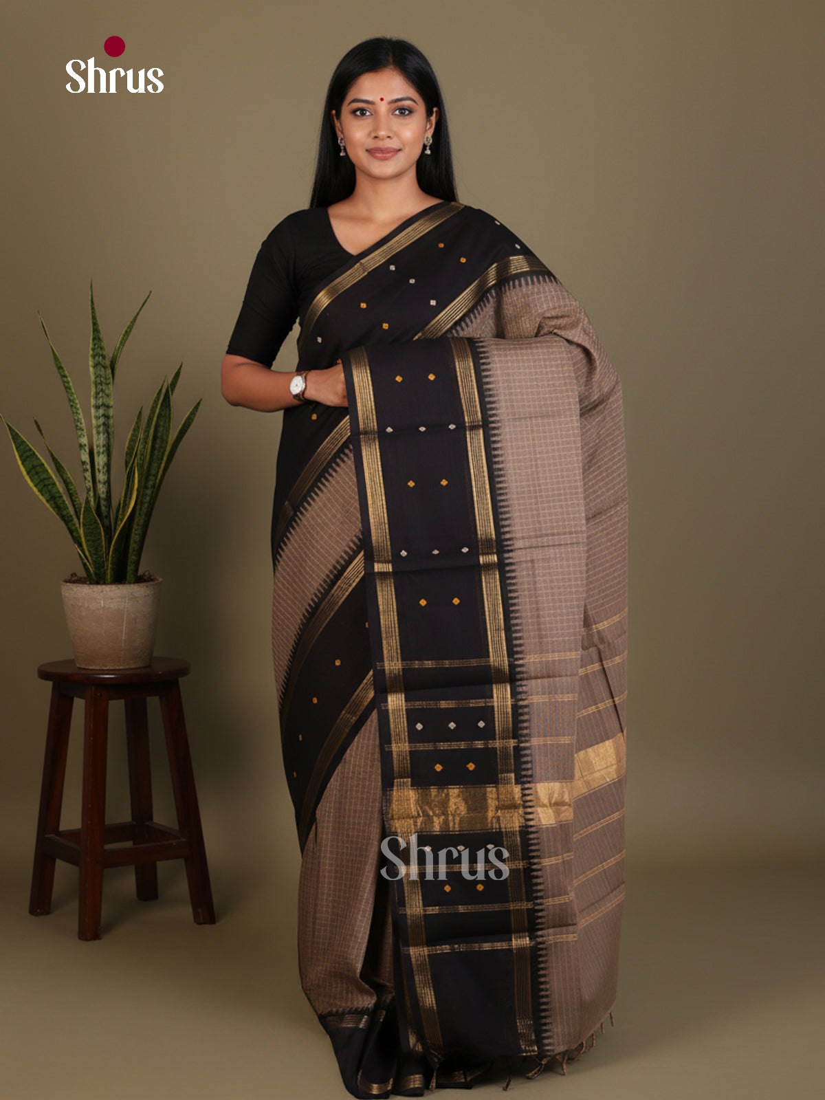 Exquisite Taupe Chettinad Cotton Saree With Intricate Checks & Black Rettapet Zari Border