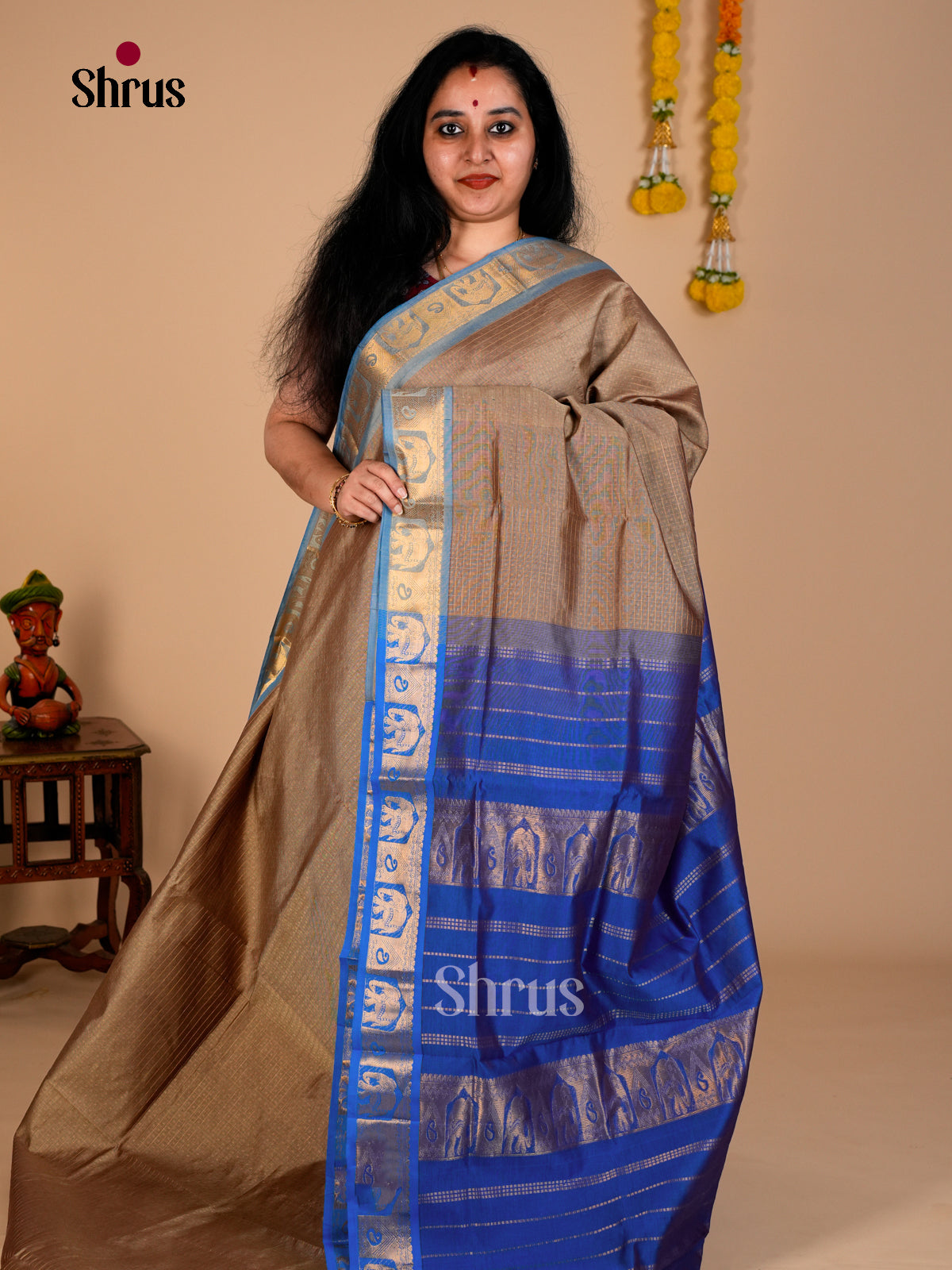 Buy Breezy Fawn Silk Cotton Saree With Intricate Checks & Buttas, Royal Blue Zaari Woven Border & Pallu