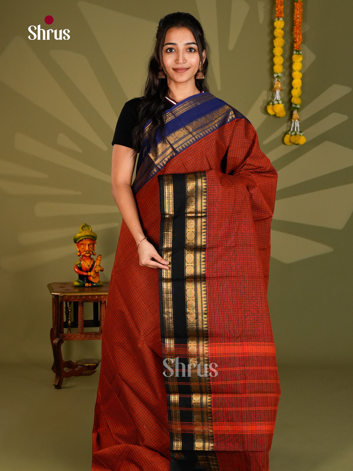 Festive Rust Red Chettinad Cotton Saree With Fine Checks & Rettaipet Zari Border