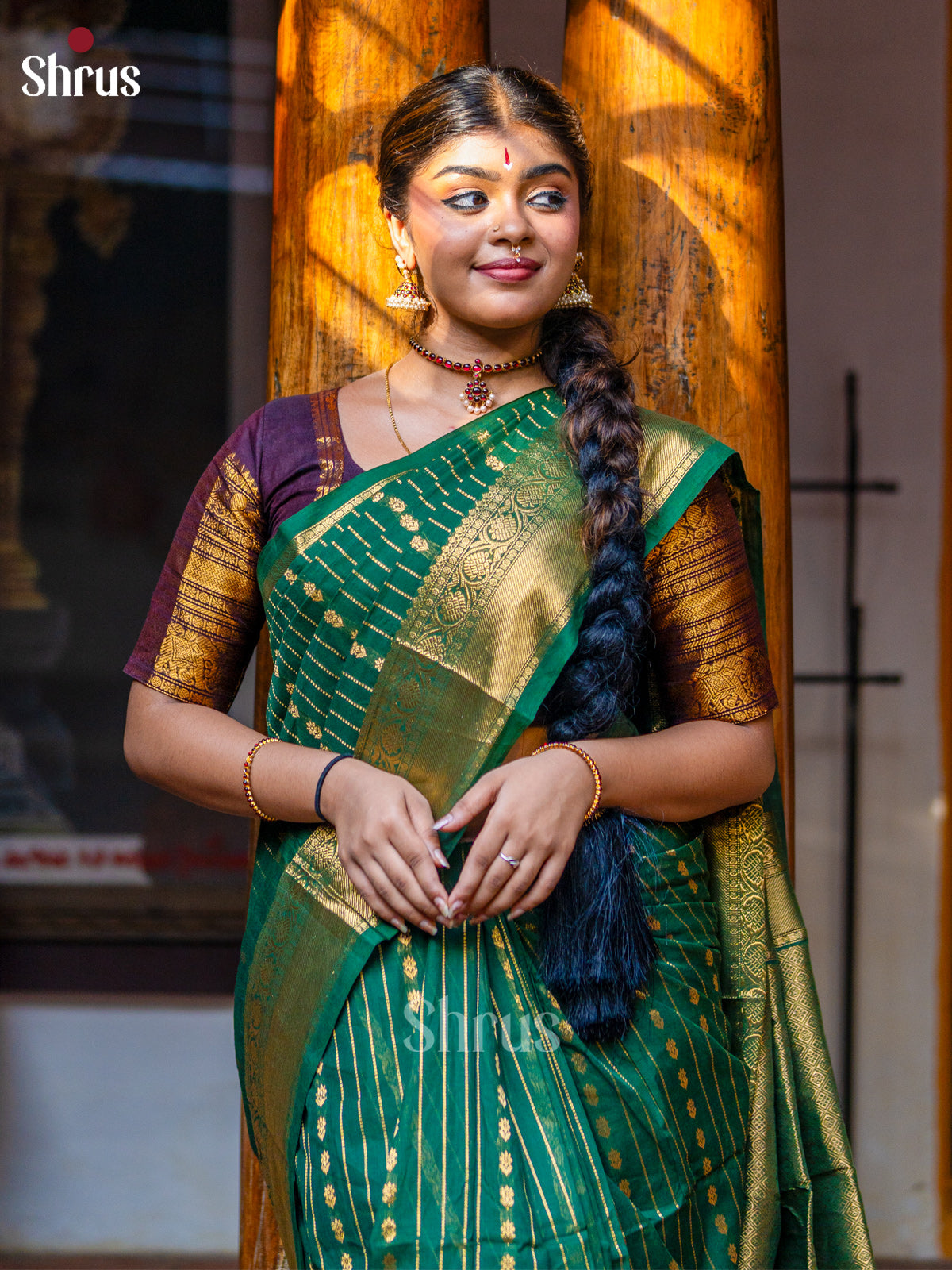 Sheeny Forrest Green Chettinad Cotton Saree With Golden Stripes, Zari Border & Brocade Pallu