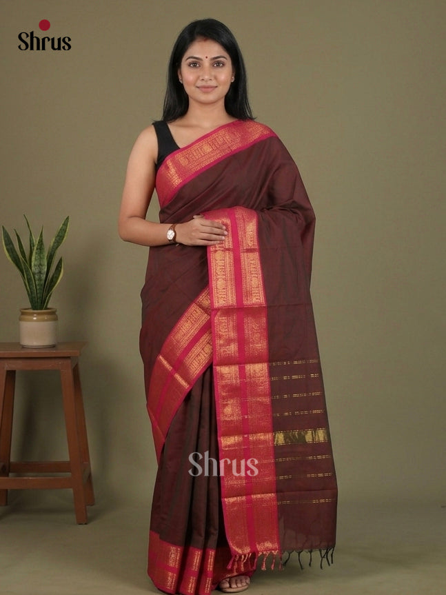 Classic Brown Chettinad Cotton Saree With Plain Body & Maroon Zari Border