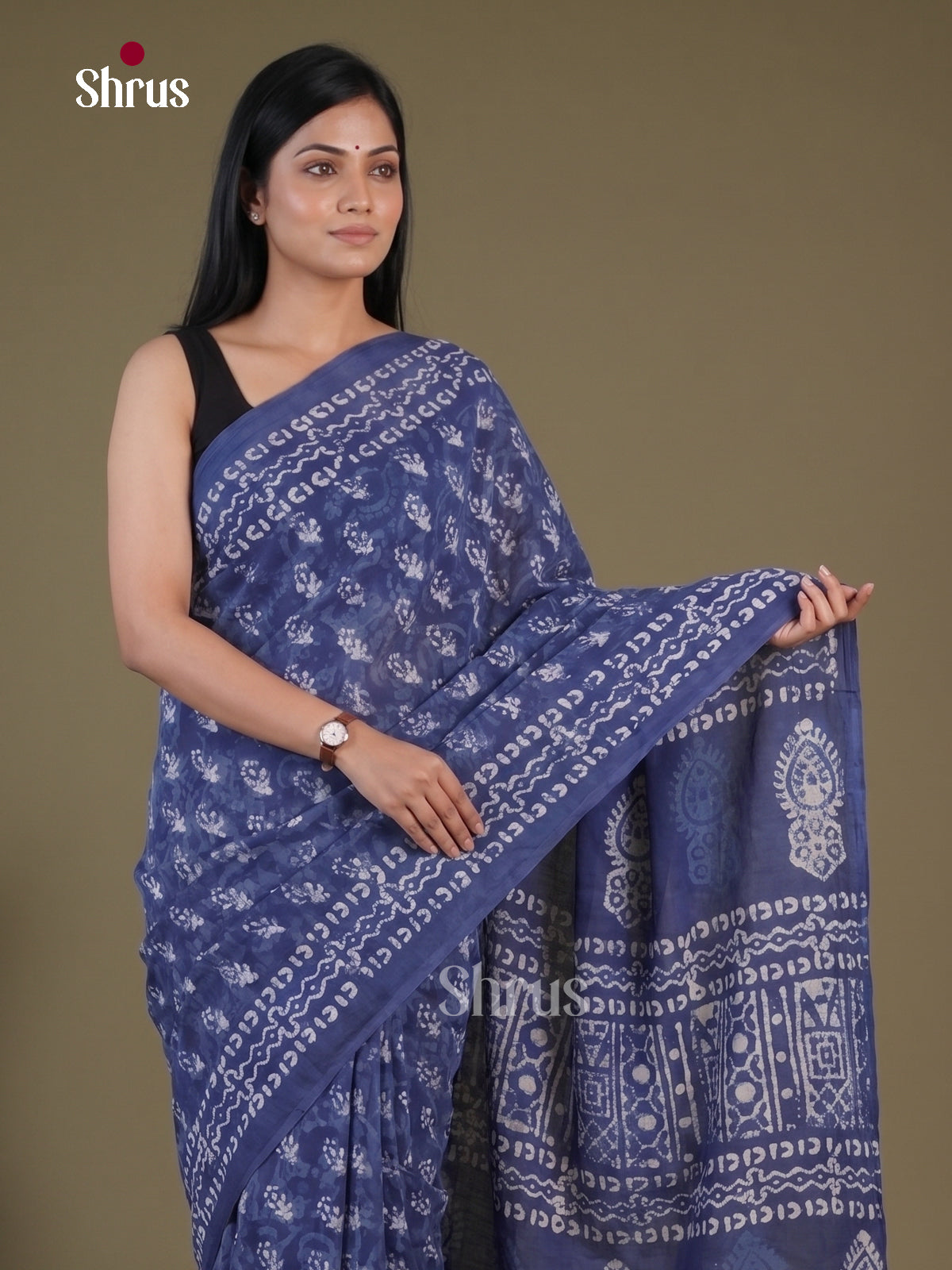Timeless Indigo Jaipur cotton Saree with White Floral Block Prints - Shop on Shrus.com