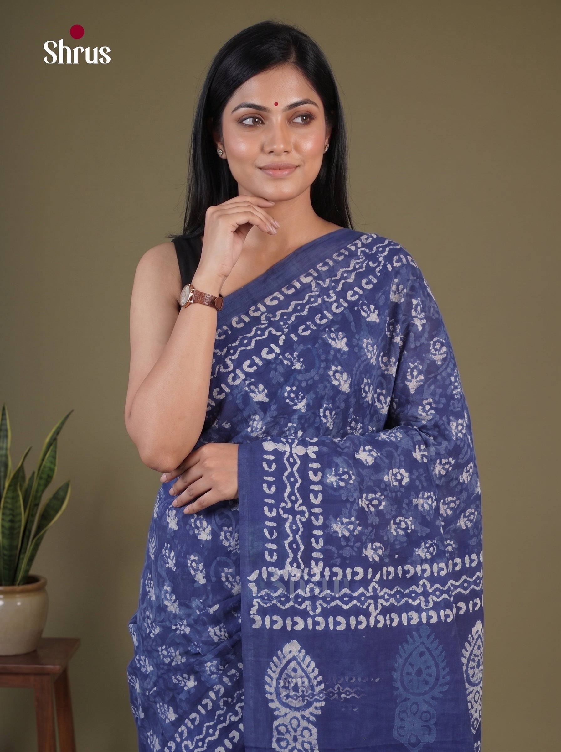 Timeless Indigo Jaipur cotton Saree with White Floral Block Prints - Shop on Shrus.com