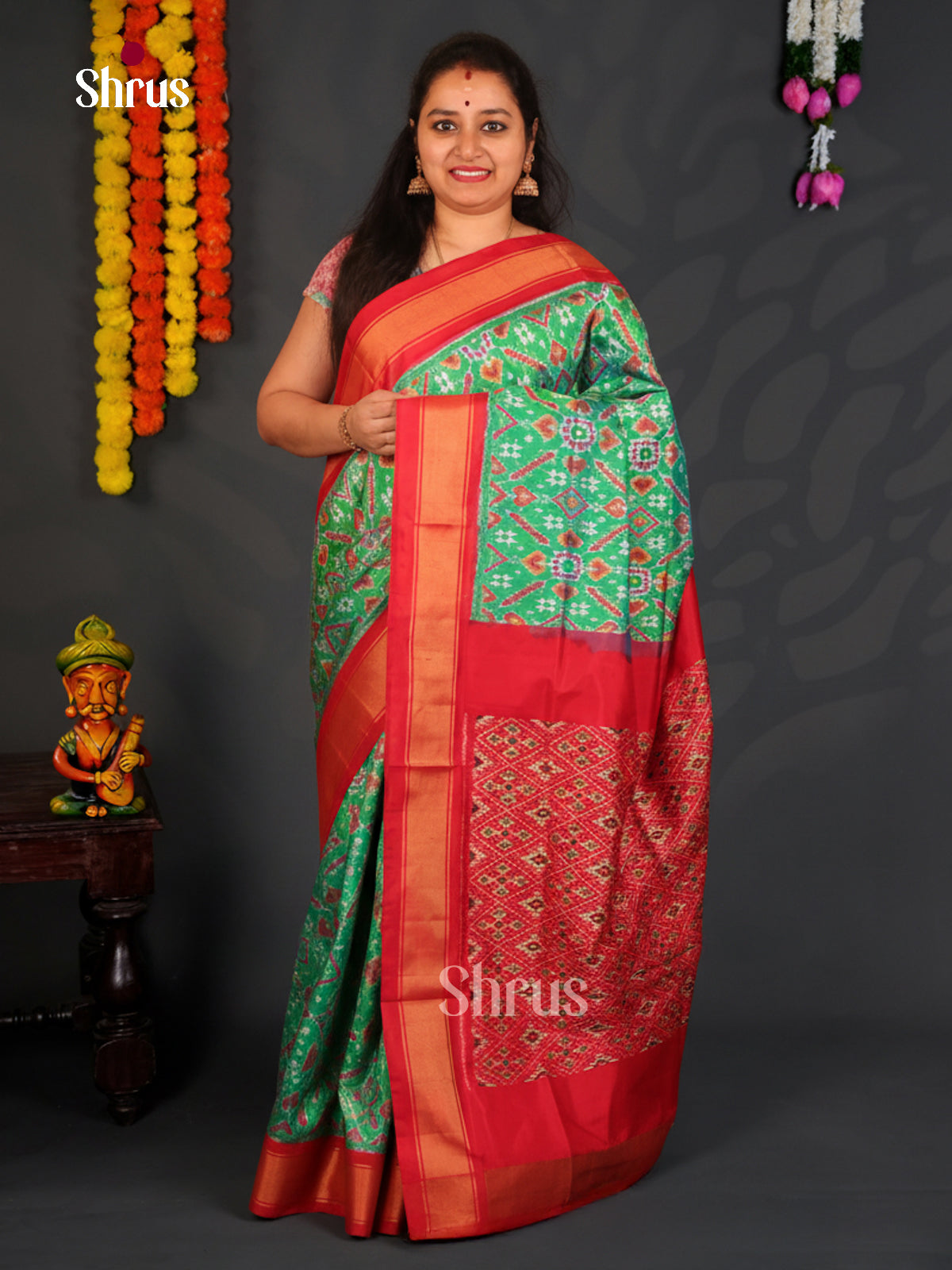 Green &  Red- Ikkat Silk Saree - Shop on Shrus.com