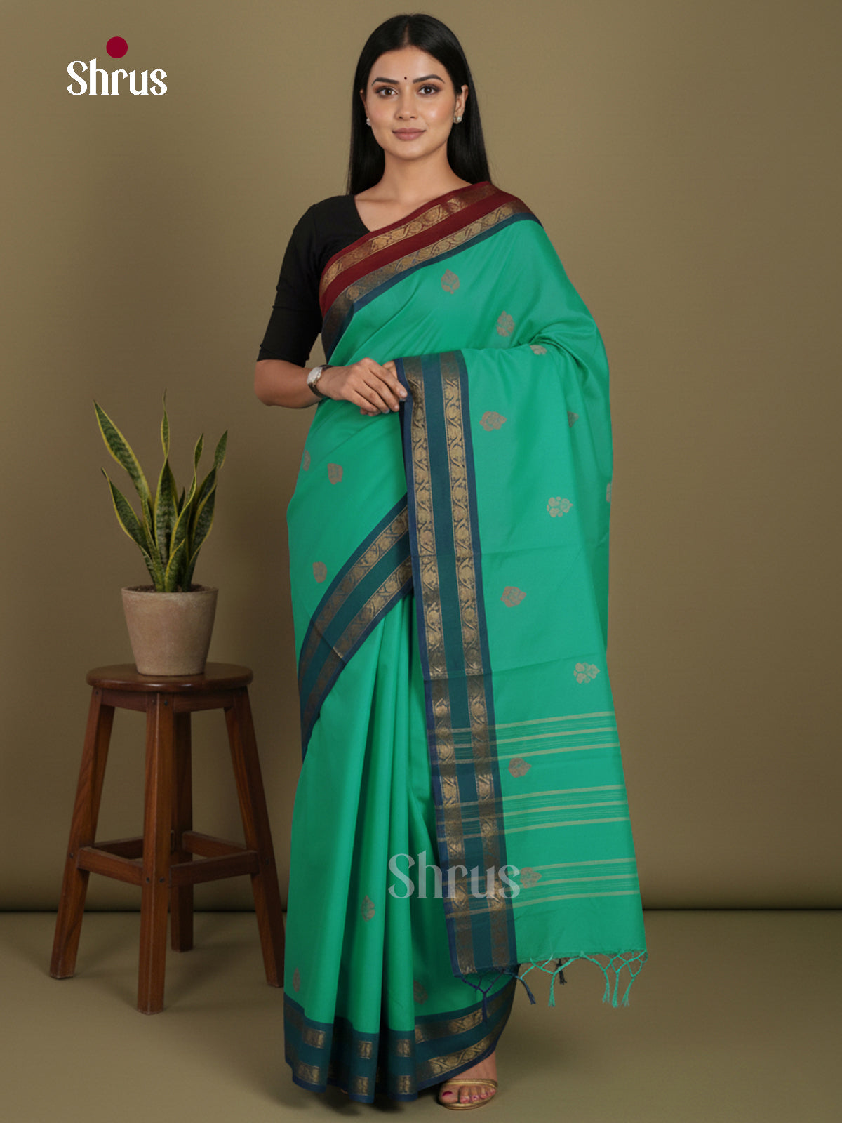 teal Green & Maroon - Chettinad Mix Cotton-Without Blouse Saree