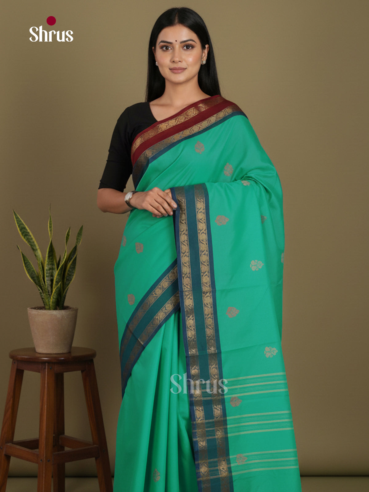 teal Green & Maroon - Chettinad Mix Cotton-Without Blouse Saree