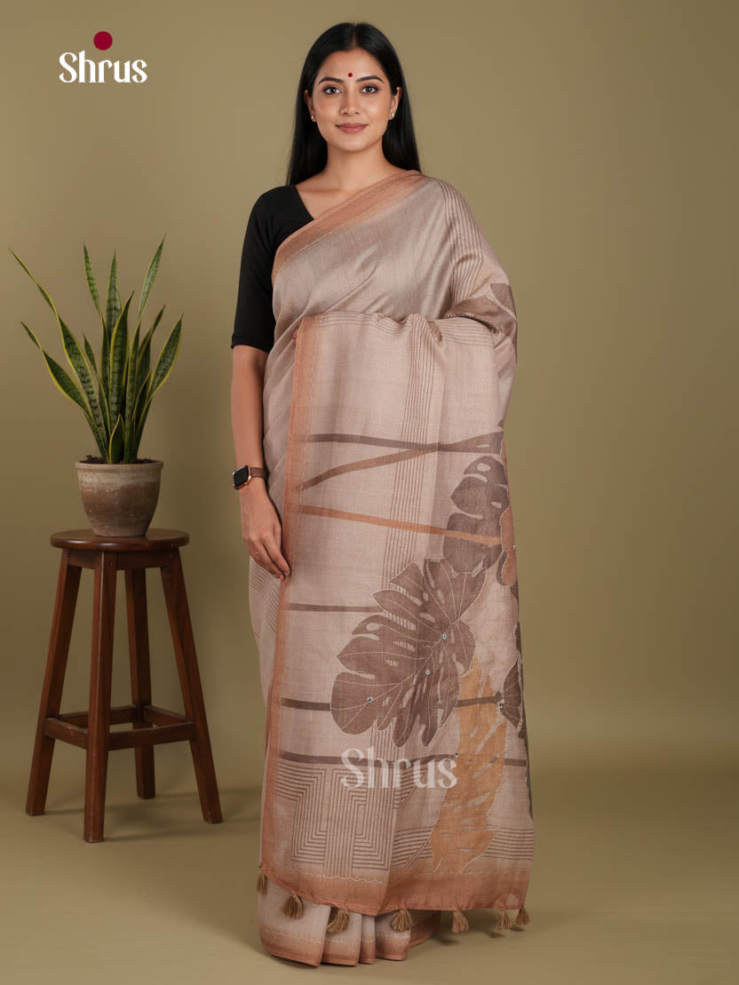 Grey & Brown - Semi Tissue Print Saree